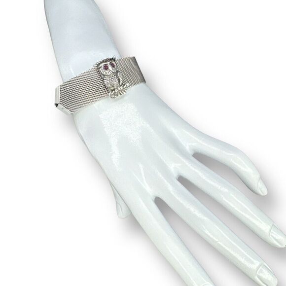 Vintage SARAH COVENTRY Owl Rhinestone Silver Tone Mesh  Slide Bracelet - Picture 5 of 10